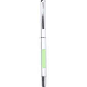 A metal pen with a shiny silver finish and a green grip, featuring a sleek design and branding.