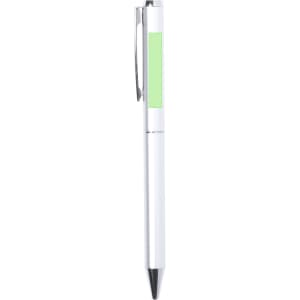 A metal pen with a white body and a green accent, featuring a clip and a branded element.