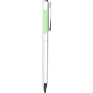 A metal pen with a white body and a green accent, featuring a clip and a black tip.