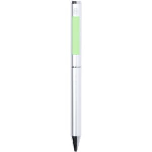 A metal pen featuring a silver body with a green accent. The pen has a logo displayed on its surface.