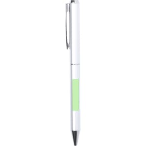 A metallic pen in white with a green grip section. The pen features a clip and a branded logo.
