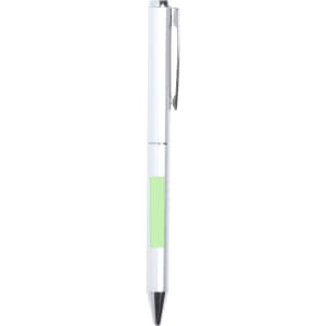A metal pen featuring a white body with a green accent and a black tip. The pen includes a clip for attachment.