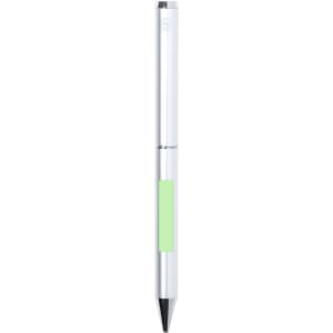 A silver metal pen with a green accent, featuring a logo on the upper part of the barrel.