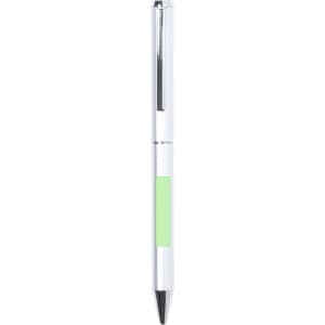 A metal pen with a silver body, black tip, and a green accent section. It features a logo on the side.