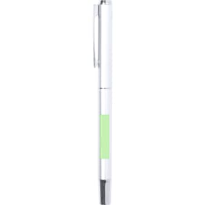 A metal pen featuring a white body with a green accent and a clip. It has a sleek, modern design.