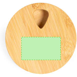 A round bamboo pillbox with a small hole for easy dispensing. It features a blank green label area.