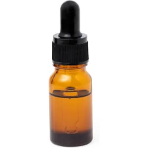 An amber glass dropper bottle with a black rubber bulb, containing a clear liquid. It has a sleek, modern design.