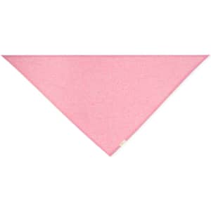 A pink triangular neckerchief made from soft fabric, featuring a small logo at one corner.