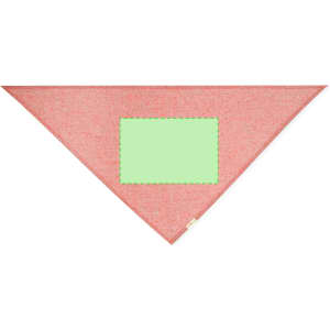A triangle-shaped neckerchief in a red and beige pattern with a green rectangle outline. Features a logo.