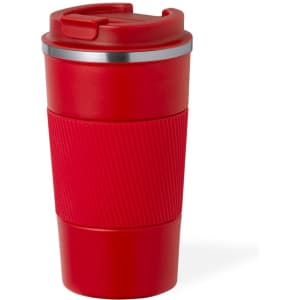 A red insulated travel mug with a textured grip and a secure lid, featuring a stainless steel rim.