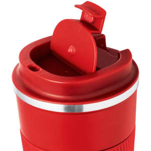 A red insulated travel mug with a flip-top lid and silver band around the middle. It features a logo.