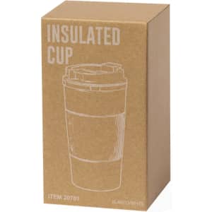 A drink bottle with a white and brown design, packaged in a cardboard box featuring a simple illustration and branding.
