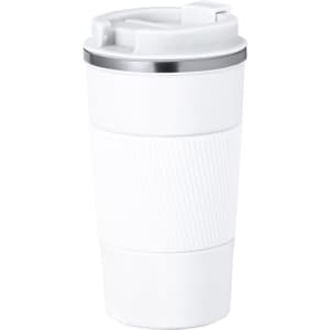 A drink bottle in white with a textured grip and stainless steel lid, featuring a logo.