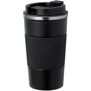 A drink bottle featuring a black insulated cup with a textured grip and a lid. It has a logo on the side.
