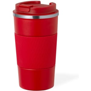 A red insulated travel mug with a textured grip and silver band at the top, featuring a lid.
