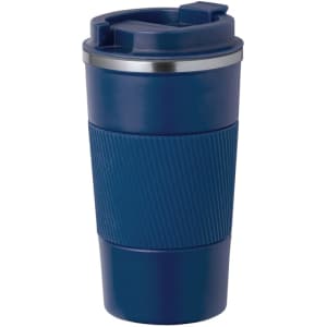 A drink bottle featuring a navy body with a textured grip and a silver lid. It has a logo on the surface.