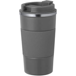 A drink bottle in dark grey, featuring a textured grip and a lid with a drinking spout. It has a logo.