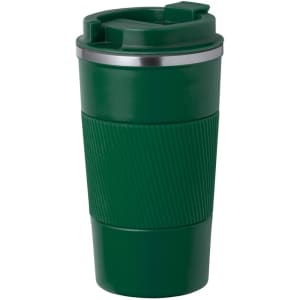 A drink bottle in dark green with a ribbed grip and a secure lid, featuring a metallic band near the top.