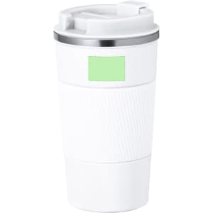 A drink bottle in white and silver, featuring a textured grip section and a logo on the body.