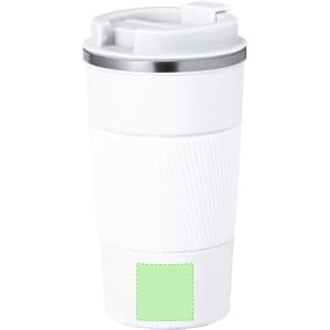 A drink bottle featuring a white body with a ribbed texture and a silver lid, equipped with a logo space.
