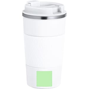 A drink bottle in white with a textured grip and a silver lid, featuring a branding area on the base.