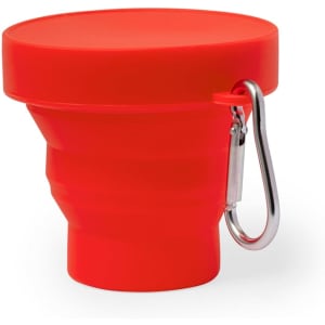 A foldable cup in bright red with a carabiner clip for easy attachment. Includes a logo on the surface.