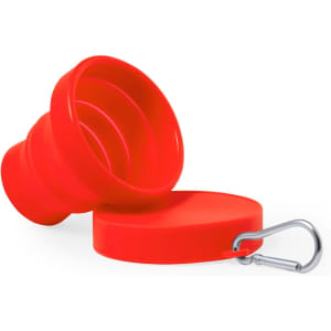 A red foldable cup made of plastic, featuring a carabiner for easy attachment, with a matching lid.