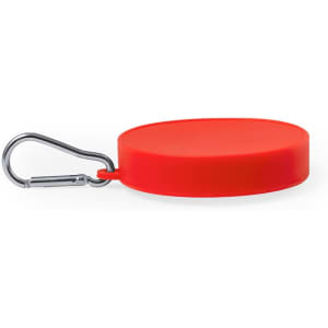 A red, foldable cup with a carabiner attachment for easy carrying. It has a smooth surface and a round shape.