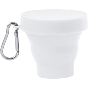 A foldable white cup with a carabiner attachment for easy carrying. It is designed for drinkware use.