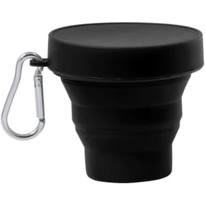 A foldable black cup with a lid and a metal carabiner attached, intended for drinkware.