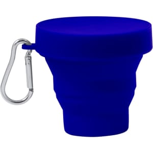 A blue foldable cup with a carabiner attachment, featuring a simple design and a functional shape.