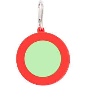A round, red tag with a green centre, featuring a silver clip for attachment.