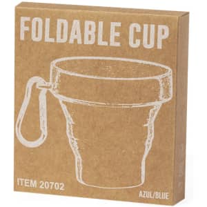 A foldable cup in blue, presented in a brown cardboard box with a logo and a clip.