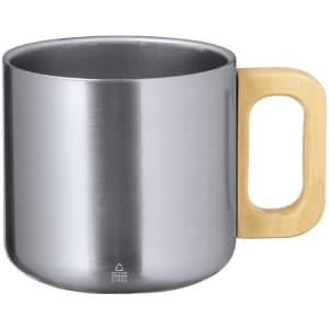 A stainless steel mug with a wooden handle, featuring a sleek, modern design.