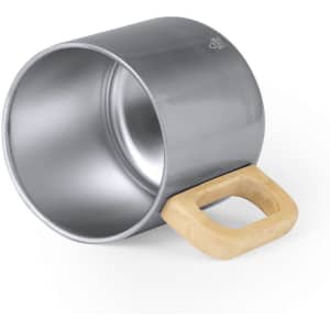 A stainless steel coffee mug with a wooden handle. It has a smooth, metallic finish and a simple design.