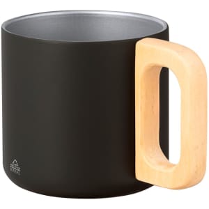A coffee mug with a matte black exterior and a wooden handle, featuring a sleek, modern design.