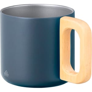 A coffee mug featuring a dark blue exterior and a wooden handle, with a stainless steel interior.