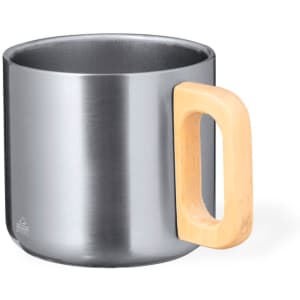 A coffee mug featuring a sleek silver body and a wooden handle. It includes a logo on the surface.