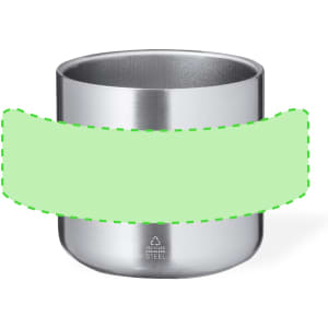 A stainless steel coffee mug with a smooth finish and a round shape, featuring a logo on the bottom.
