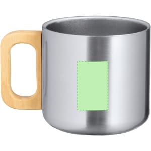 A silver mug with a bamboo handle and a blank area for customisation.