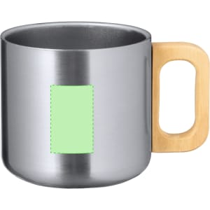 A stainless steel mug with a wooden handle, featuring a blank area for branding or design.