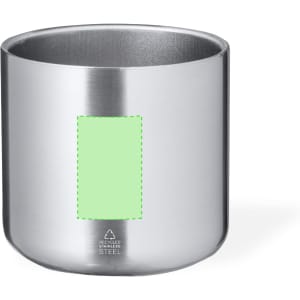 A stainless steel mug with a smooth silver finish and a green panel, featuring a logo on the base.
