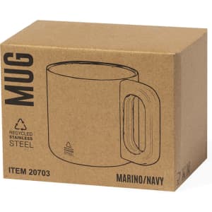 A coffee mug in a navy and marino colour, displayed in a cardboard packaging with a logo.