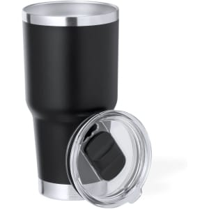 A black insulated travel mug with a stainless steel rim and a transparent lid. It features a logo on the side.
