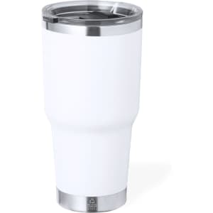 A white insulated travel mug with a stainless steel base and a lid, featuring a logo on the side.