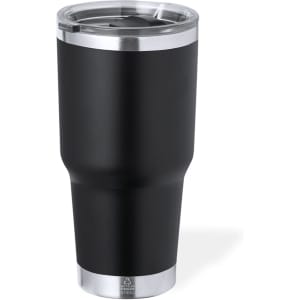 A black insulated travel mug with a stainless steel base and a clear lid. It features a branding logo.