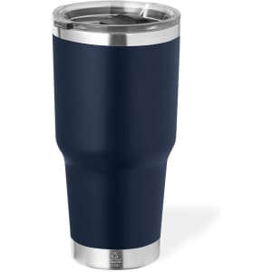 A drink bottle in navy blue with a stainless steel base and a transparent lid, featuring a logo.
