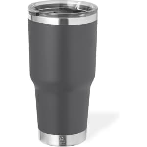 A drink bottle with a sleek dark grey exterior, stainless steel base, and a transparent lid featuring a logo.