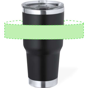 A travel mug with a sleek black body and a metallic silver rim at the top. It features a lid and has a logo.