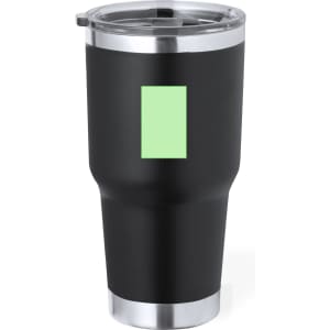 A black insulated travel mug with a silver rim and a rectangular area. It features a lid for easy sipping.